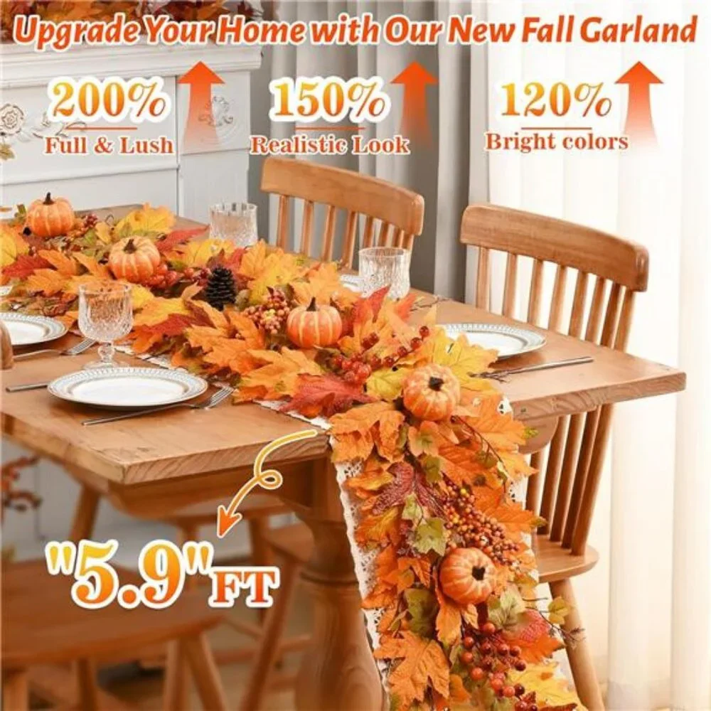 Fall Decor - 5.9 FT Fall Garland for Mantle, Artificial Fall Leaves Garland